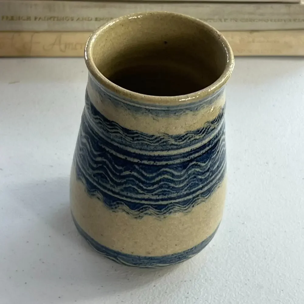 Studio Art Pottery Handmade Jar Vase Signed Ivory Blue Striped Zig Zag 5.5”